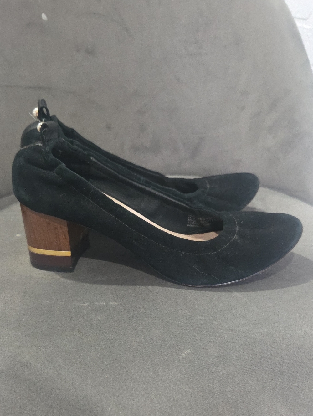 Kurt Geiger Black Suede Block Heel Pumps with Gold/pearl Accent